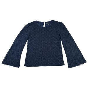Banana Republic Embroidered Floral Top Size XS Lace Navy Blue Bell Sleeve Blouse